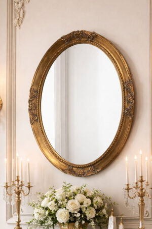Oval Antique Gold Finish Mirror w/ Beaded Textured