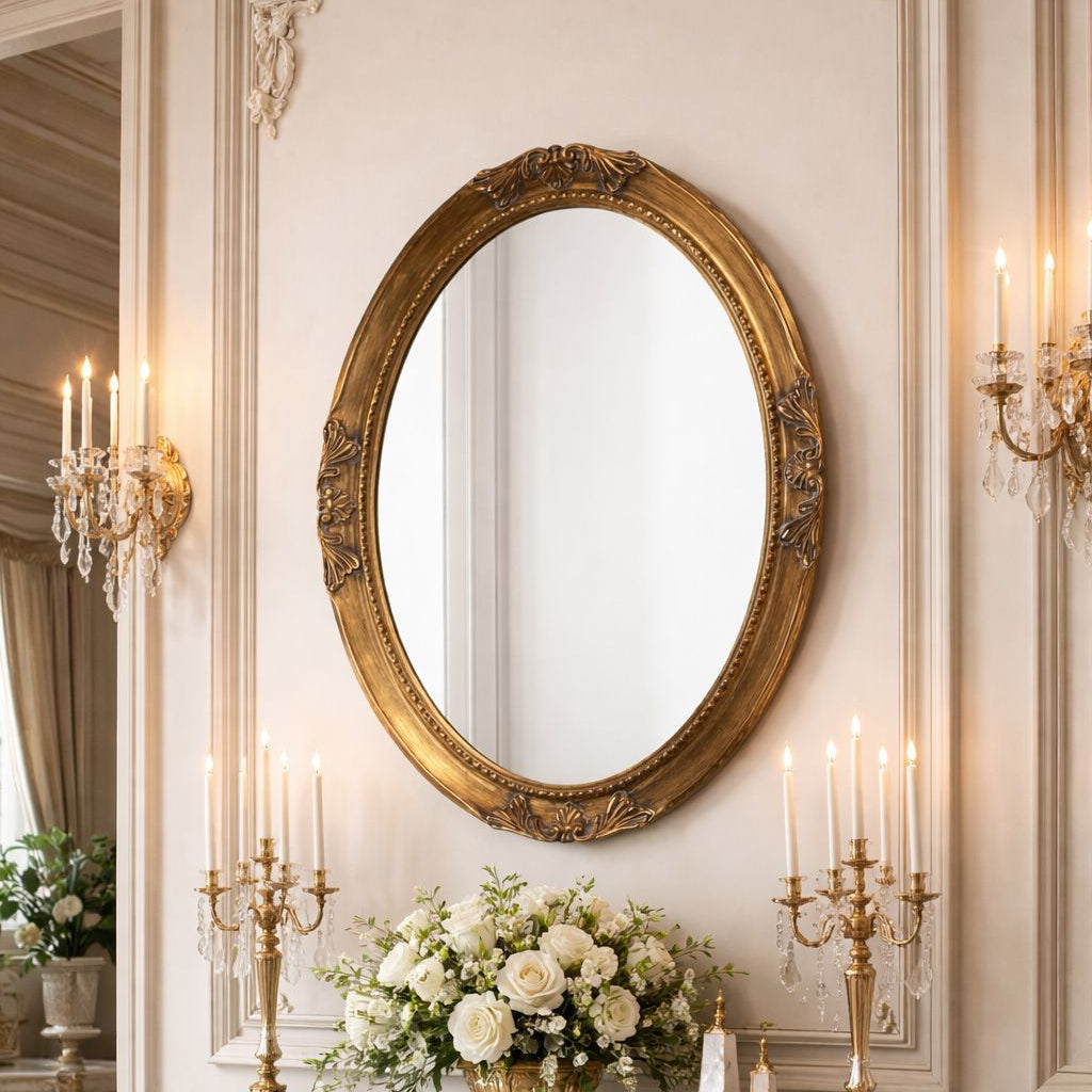 Oval Antique Gold Finish Mirror w/ Beaded Textured