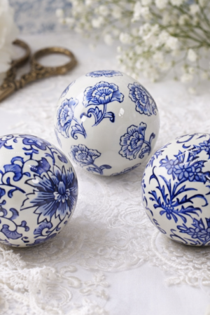 Blue & White Floral Ceramic Balls (Set of 3)